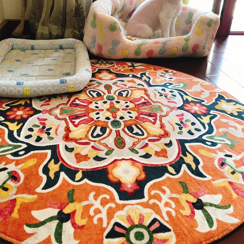 

Morocco Nordic Round Carpets For Living Room Floral India Ethnic Carpet Bedroom Bedside Kilim Blanket Floor Rugs Mat Washable