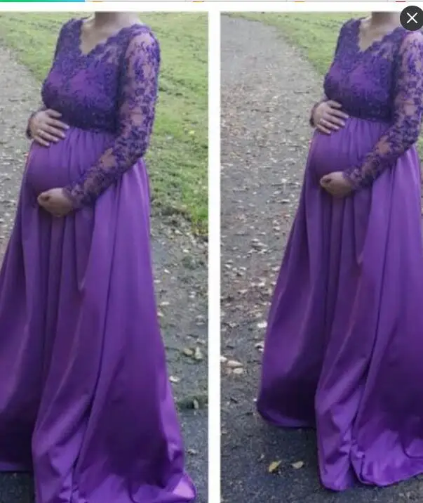 2017 Purple A Line Maternaty Pregnant Prom Dress Deep V Neck Sheer Long