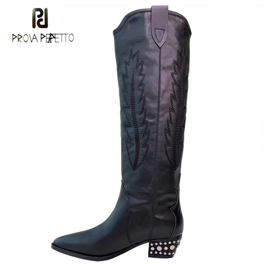 

Prova Perfetto rivet stud chunky heel knee high boots women embroider black genuine leather pointed toe fashion knight boots