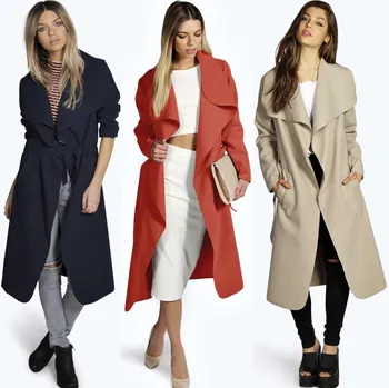 

4 Colors 2018 Winter Women Wide Lapel Belt Pocket Wool Blend Coat Oversize Long Trench Coat Outwear