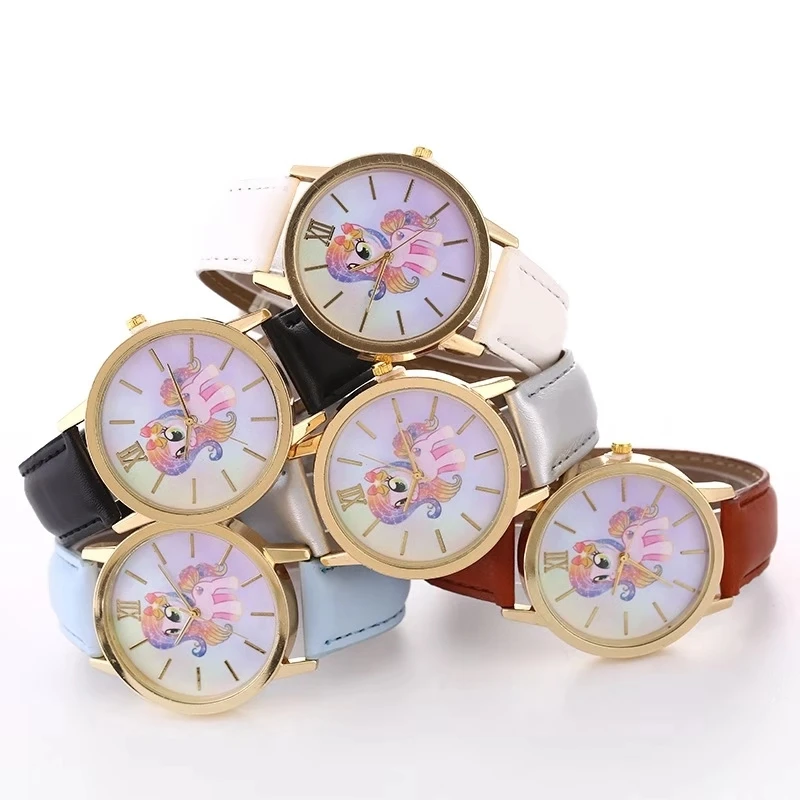 Модные популярные детские часы с милым единорогом из кожи с кварцевыми часами