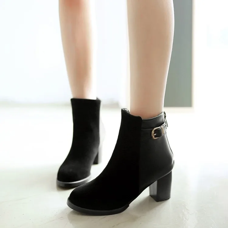 

Big Size 11 12 13 Ma'am Coarse heel Short boots Pure color Metal decoration Boot barrel High heel boots