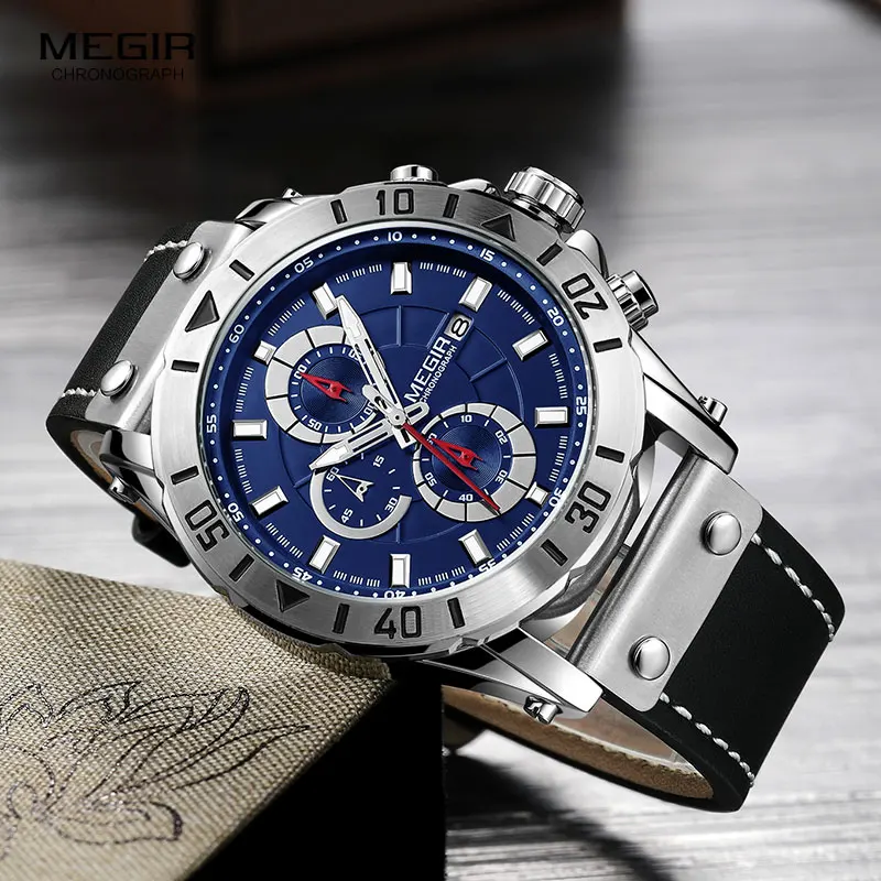 

Megir Men's Chronograph Quartz Watches Leather Strap Army Sports Wristwatch for Man Clock Relogios Masculino Waterproof 2081Blue