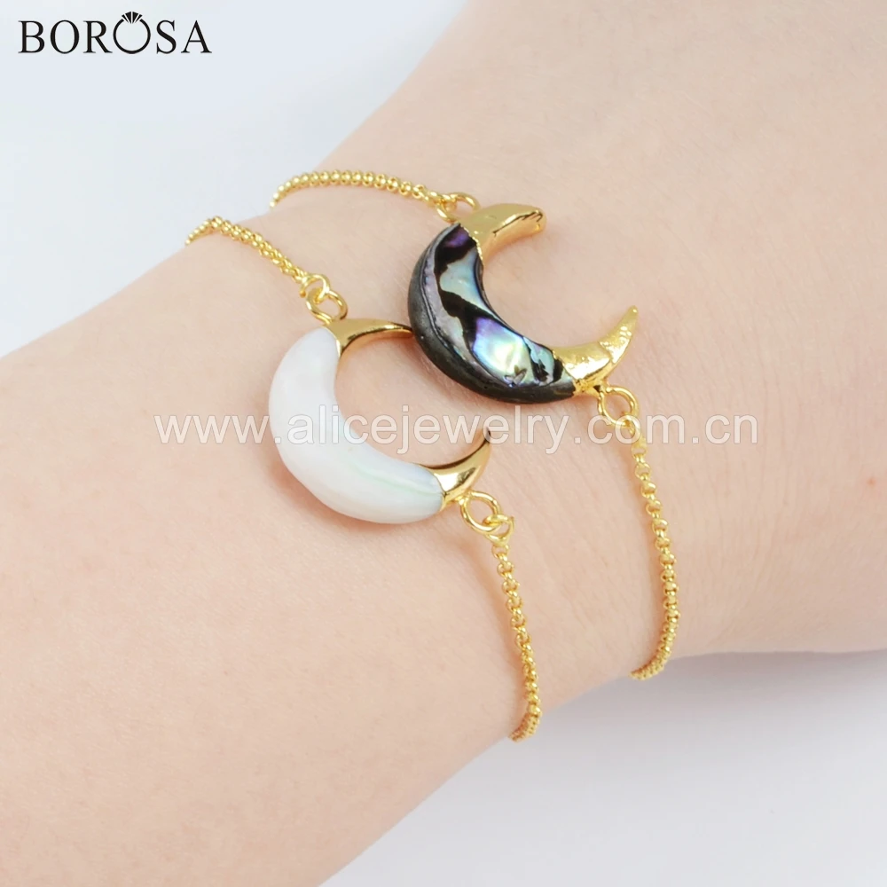 

BOROSA 5PCS Gold Plating Natural Abalone Shell Adjustable Bracelet 10inch White Shell Bangle Jewelry for Girls as Gifts G1718