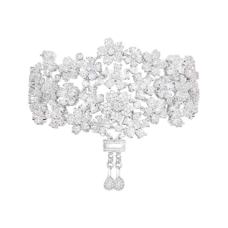 

SLJELY Luxury Brand 925 Sterling Silver Jewelry Shining Floral Bracelet Women Full Cubic Zirconia Flowers Adjustable Bracelet