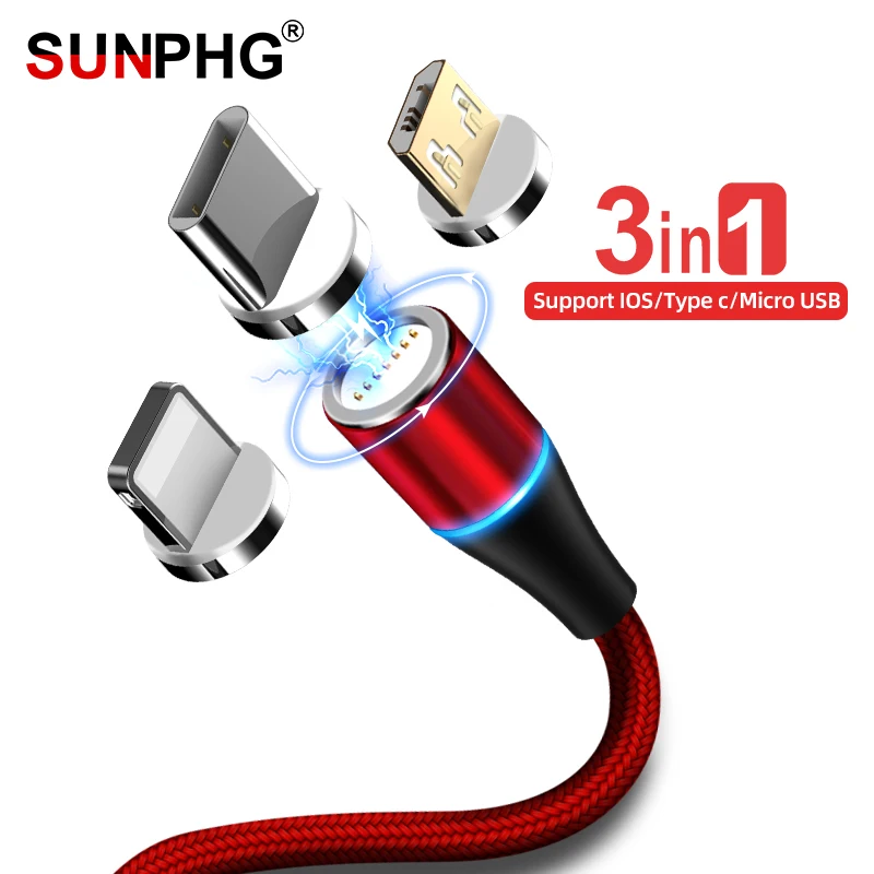 

SUNPHG 3 in 1 Fast Charging Magnetic Cable Round Data Sync Type C Wire Micro USB Charge Cables for iPhone Samsung Huawei Xiaomi