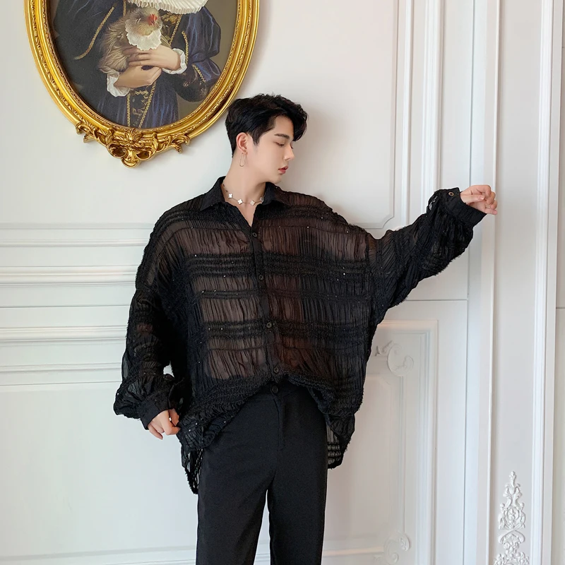 

Men Fold Lace Long Sleeve Oversize Loose Casual Shirts Male Women Vintage Fashion Sexy Shirt Street Hip Hop Punk Gothic Shirt