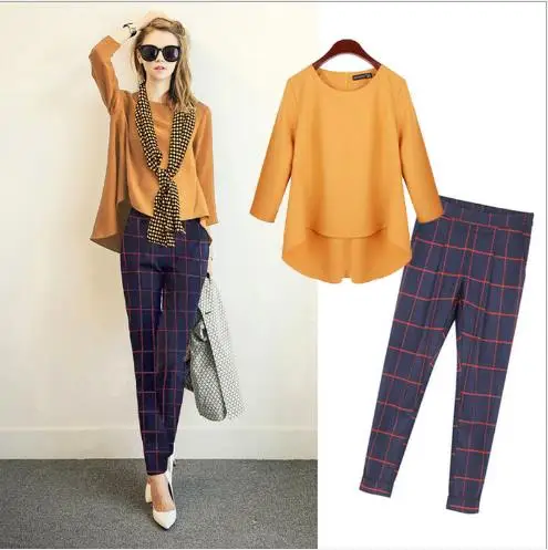 

2018 Brand Spring Autumn Fashion Women's Suits Loose Chiffon Blouses+Plaid Pants+Scarves 3 Pieces Set E691