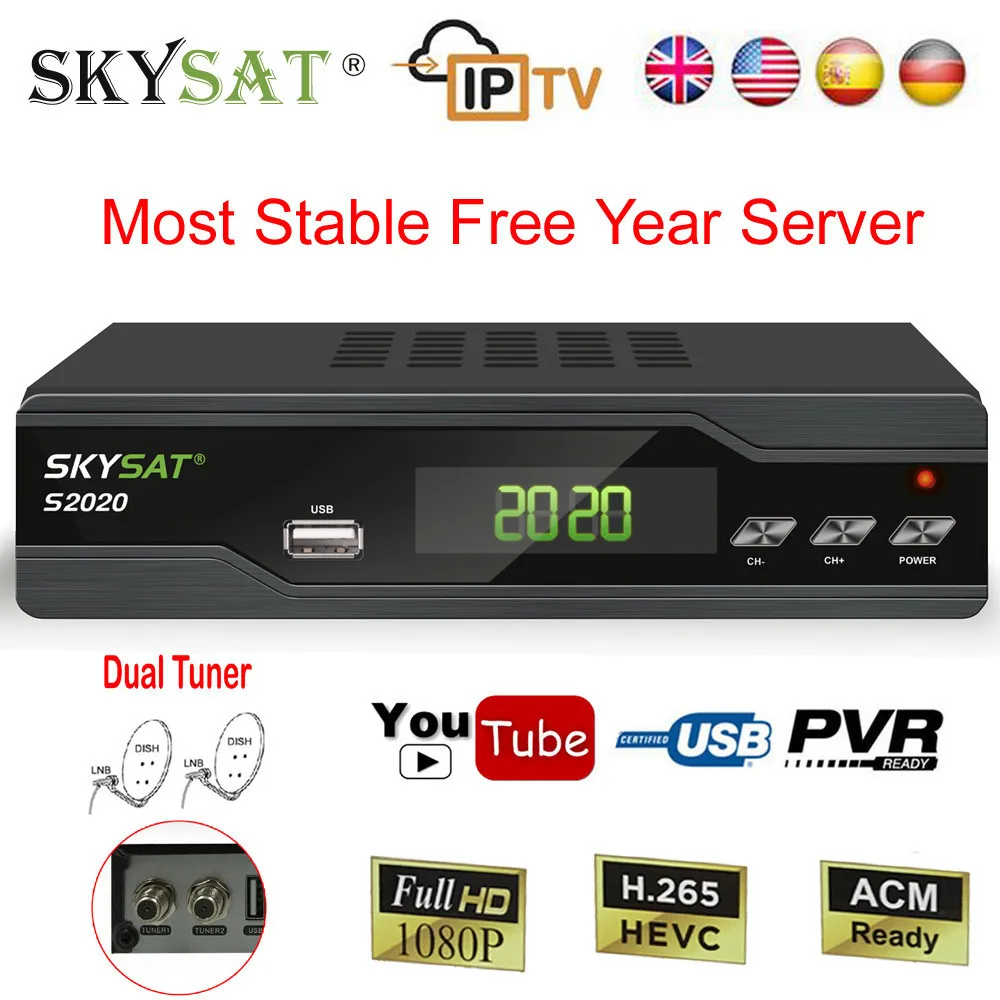 SKYSAT S2020 H.265 Duall Tuner DVB-S2 Satellite Receiver 3G Wifi IPTV most stable Year server IKS SKS ACM Receptor HD Channels