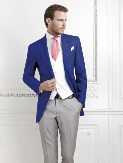 

A button the royal blue dress peak lapels the groom, holds the wedding suit man suit (jacket + pants + vest, tie)