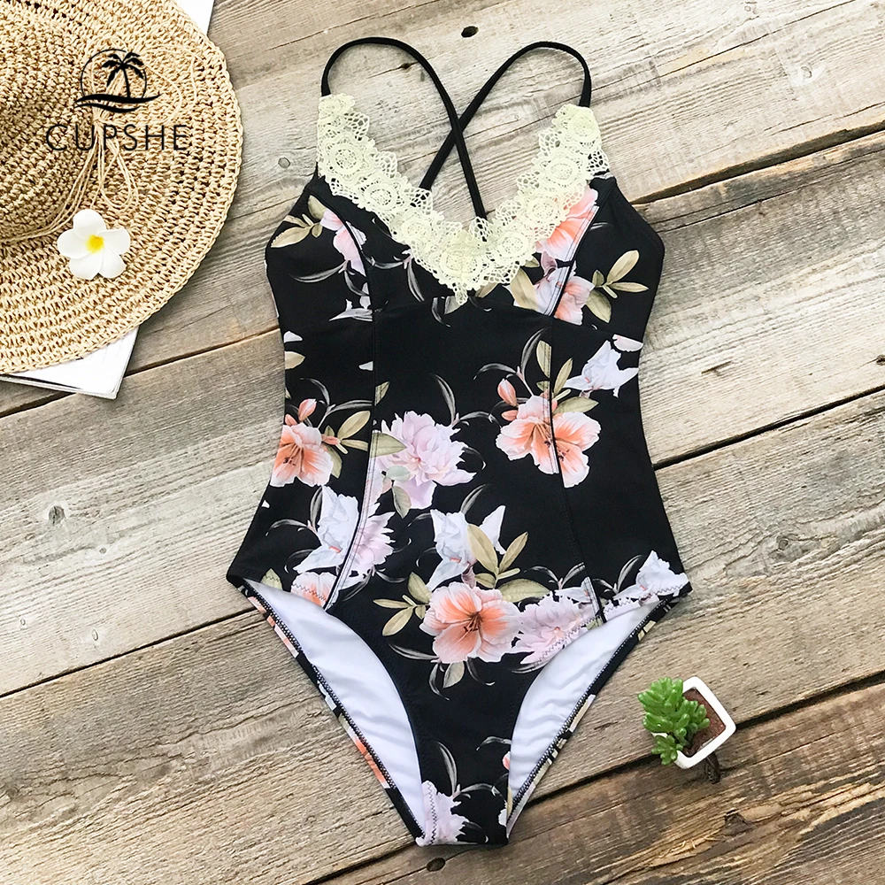 

CUPSHE Floral Lace One-Piece Swimsuit Women Sexy Monokini Swimwear 2019 Girl Boho Beach Bathing Suits