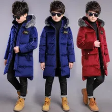 Г. Длинное теплое зимнее хлопковое пальто для мальчиков, для русской зимы-30 детская верхняя одежда с меховым воротником, с капюшоном, облегающие куртки для холодной зимы