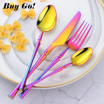 

4PCS/LOT Stainless Steel Western Cutlery Sets Rainbow Dinner Knife Teaspoon Salad Forks Tableware Dinnerware Set Christmas Gift