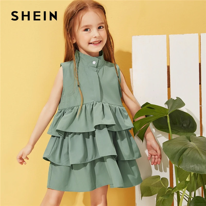 SHEIN детское зеленое однотонное многослойное милое платье со стоячим воротником летнее короткое платье без рукавов с высокой талией и оборками
