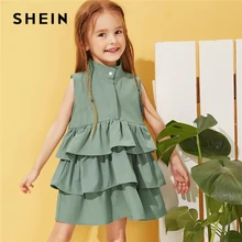 SHEIN детское зеленое однотонное многослойное милое платье со стоячим воротником летнее короткое платье без рукавов с высокой талией и оборками