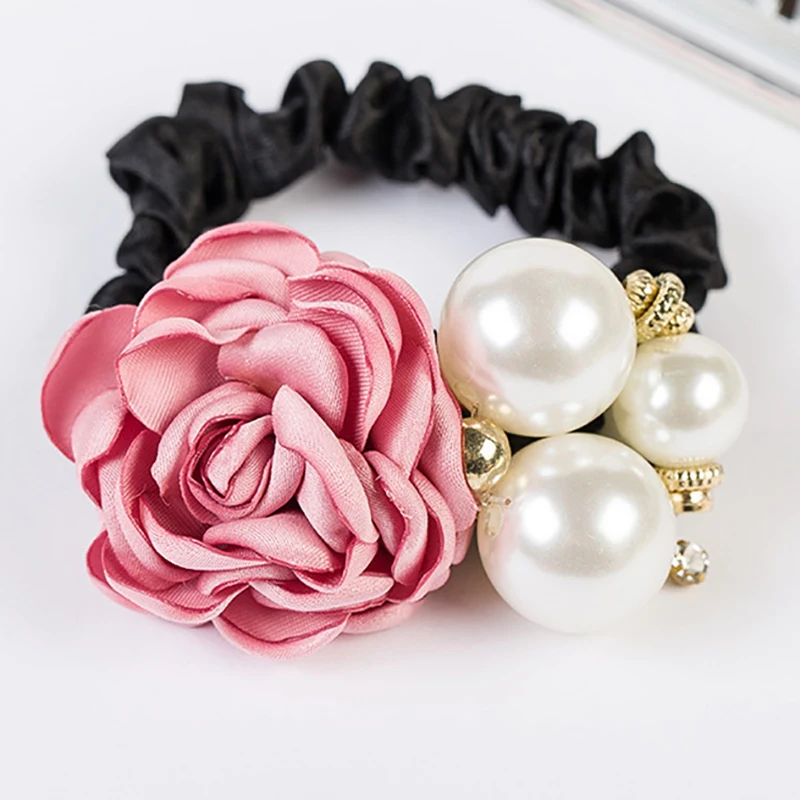 

Korean Girl Headwear Camellia Flower Imitation Pearl Elastic Hair Bands Women Fashion Ponytail Holder Headdress Hair Accessories