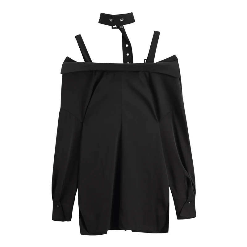 Frühling vintage retro schwarz zeigt kleid dünne halter spaghetti streifen gürtel off schulter gürtel lange-ärmeln bluse kleid
