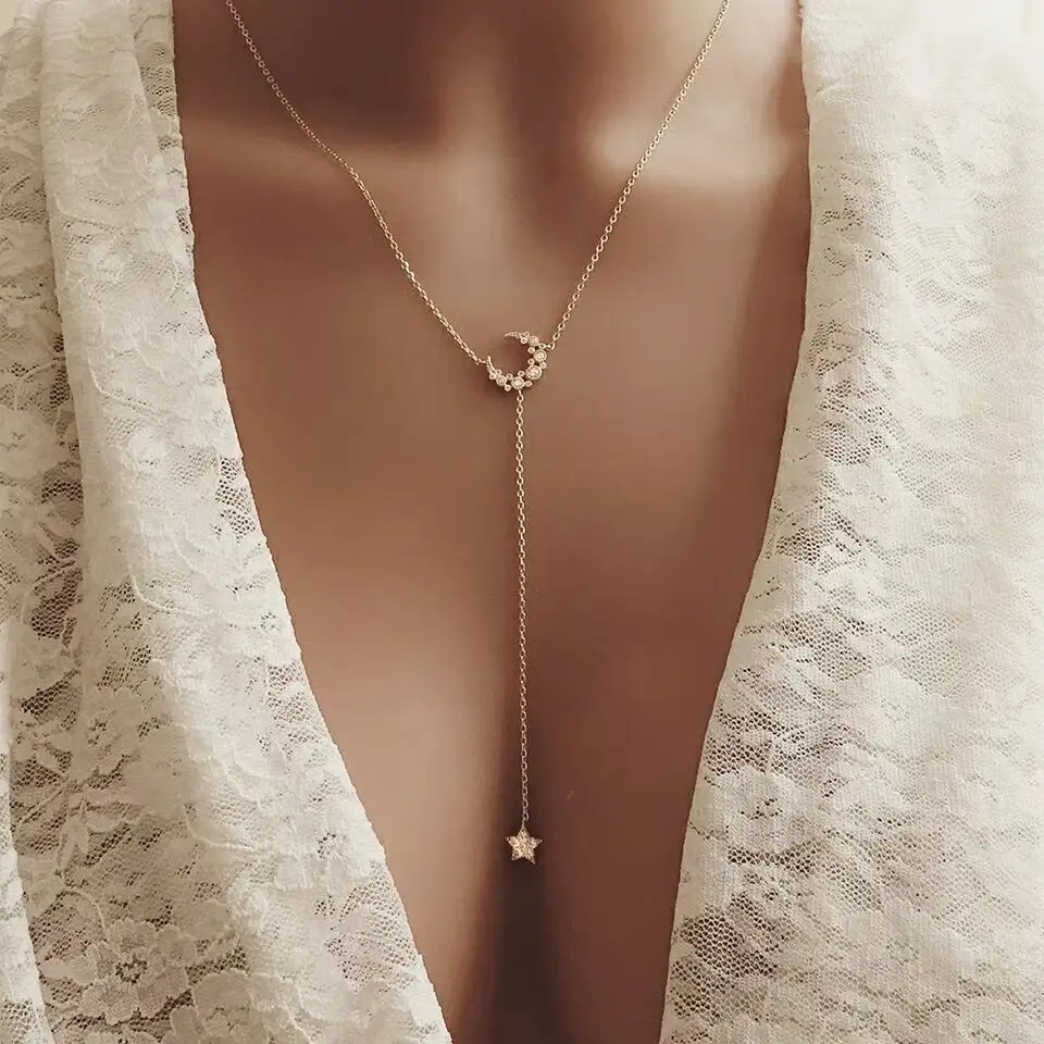 

New Arrivals 925 Sterling Silver Star Moon Necklaces & Pendants with cz paved 3 color For Women Fashion sterling-silver-jewelry