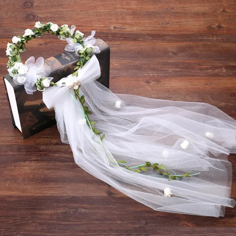 Свадебные вуали богемные милые головные уборы для девочек для свадьбы белые розы цветы Зеленые Бусины-Листья Свадебные аксессуары вуаль Тюль Жемчуг - Цвет: Белый