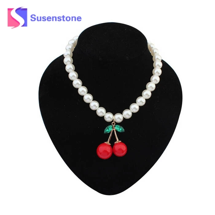 

susenstone Spring Cherry Ladies Simulated Pearl Chain Necklace Short Design Chain Accessories Statement Necklaces Women Jewelry