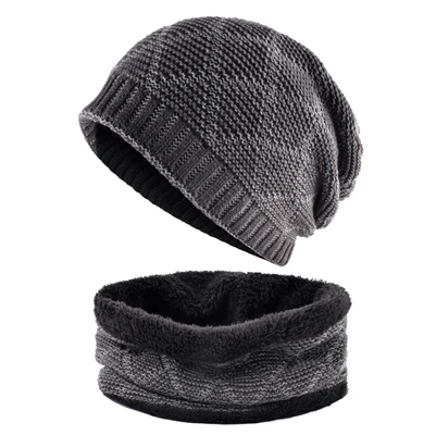 Шапка мужская зимняя Зимний теплый набор шапки и шарфа для мужчин, вязаные шерстяные шапочки, уличные повседневные толстые вязаные клетчатые береты-кепки наборы шарфов - Цвет: Set Gray
