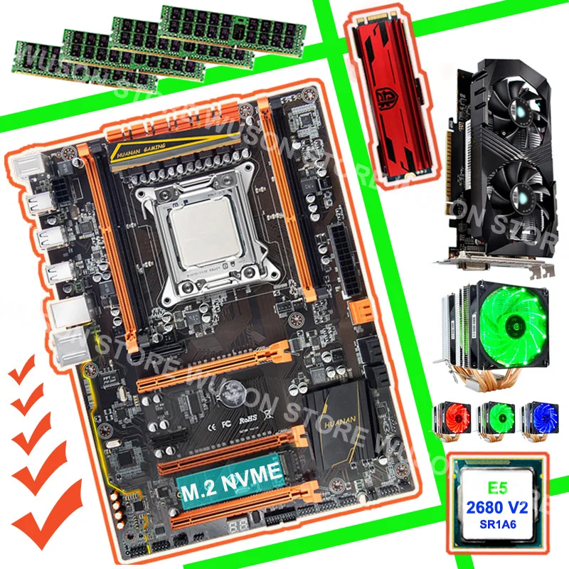 melhor HUANAN ZHI X79 gaming PC motherboard pacote 240g SSD NVME GTX1050Ti 4g CPU Xeon E5 2680 V2 SR1A6 refrigerador RAM 4*8g DDR3 1600 RECC