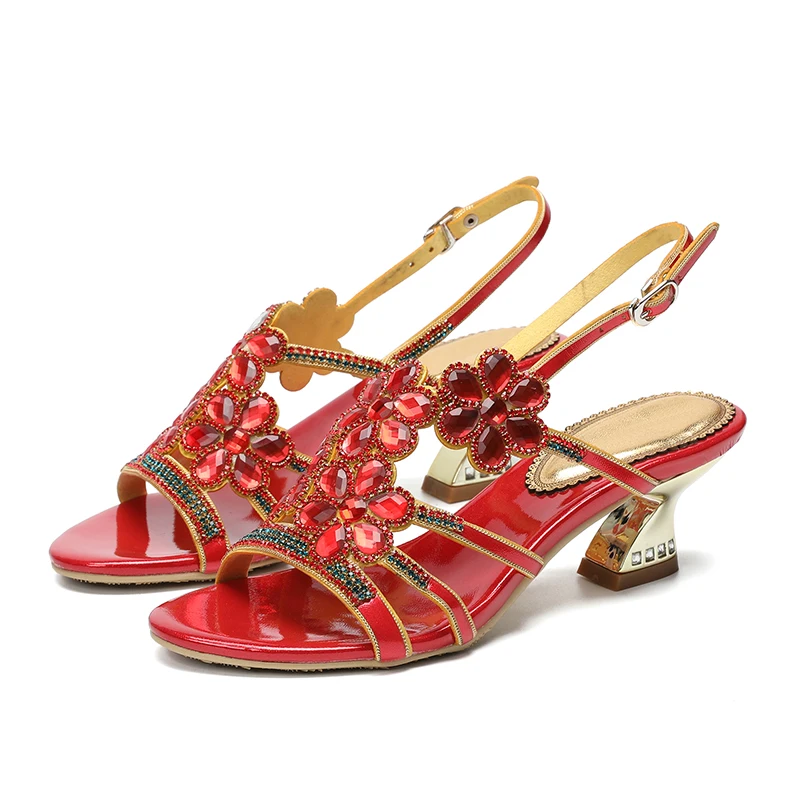 2019 Purple Luxury Rhinestone Summer Sandals Flower Block Heels Chunky Sandals Thick Heel Woman Summer Sexy Shoes