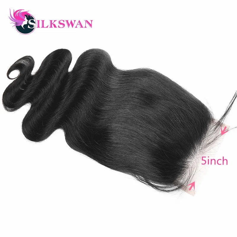 

Silkswan Hair Brazilian Body Wave Transparent Lace Closure 5x5 Swiss Lace Remy Hair Closure Pre Plucked With Baby Hair HD Lace