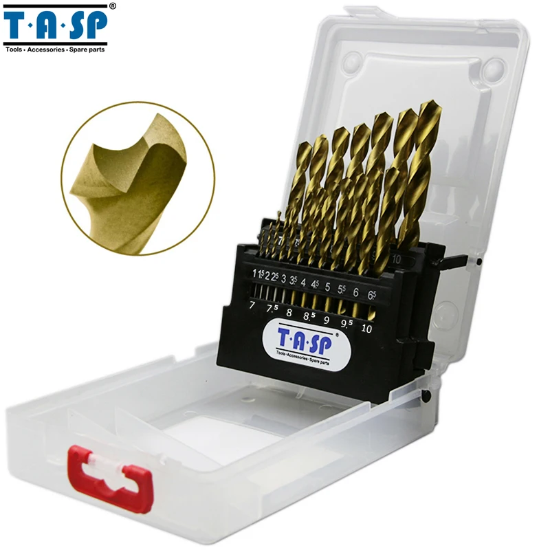 TASP 19pcs HSS Drill Bit for Metal Titanium Coated High Speed Steel Drilling Bits Set 1.0~10mm Power Tools Accessories - MDBK14