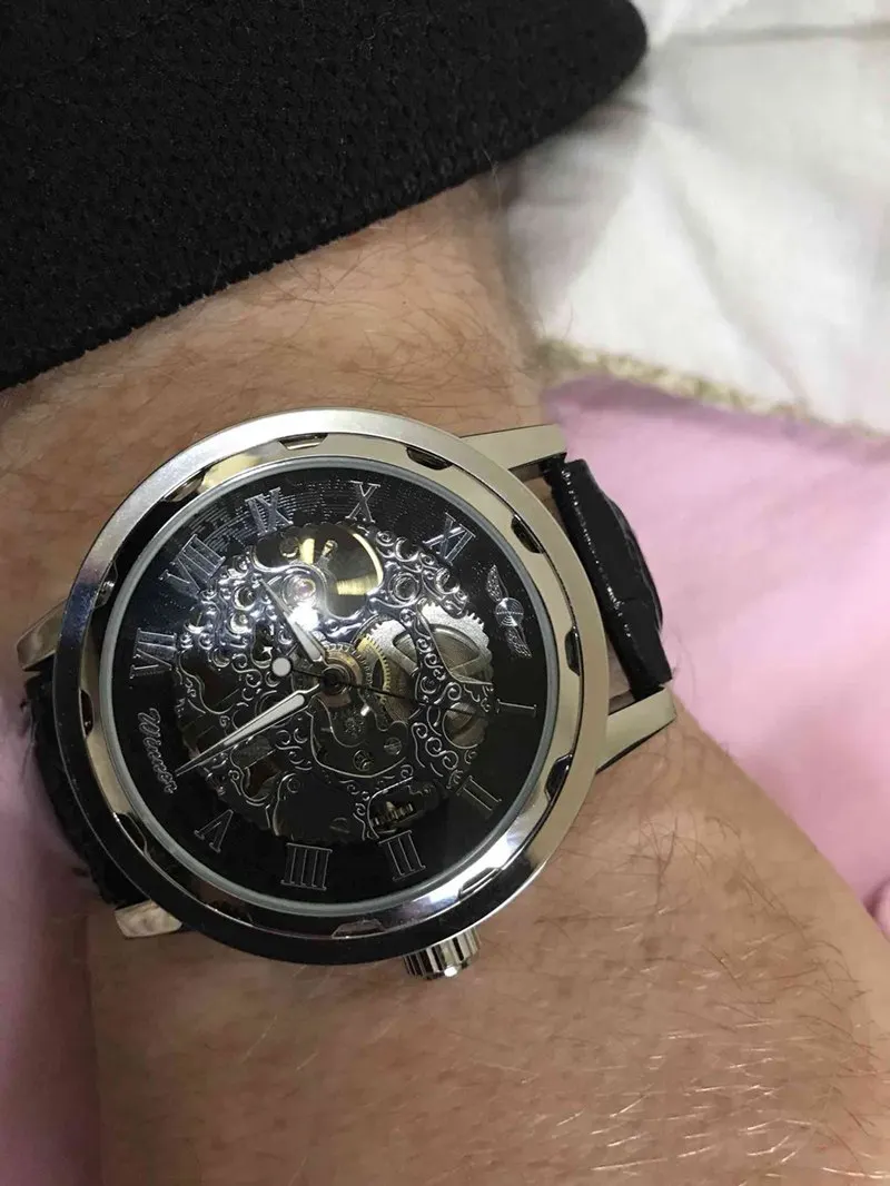 Fashion Winner Black Leather Band Stainless Steel Skeleton Mechanical Watch For Man Gold Mechanical Wrist Watch Luxury Brand