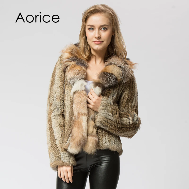 

CR072-1 Knitted real rabbit fur coat overcoat jacket with fox collar Russian women's winter thick warm genuine fur coat