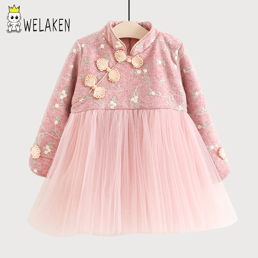 

weLaken 2018 New Fashion Girls Dress Cute Chinese Style Kids Baby Outwear Toddler Winter Ball Gown Floral Embroidery Lace Dress