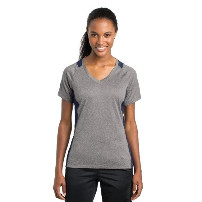 Sport-Tek LST361 Ladies Heather Colorblock Contender V Neck Tee Vintage Heather & True Navy - Extra Large