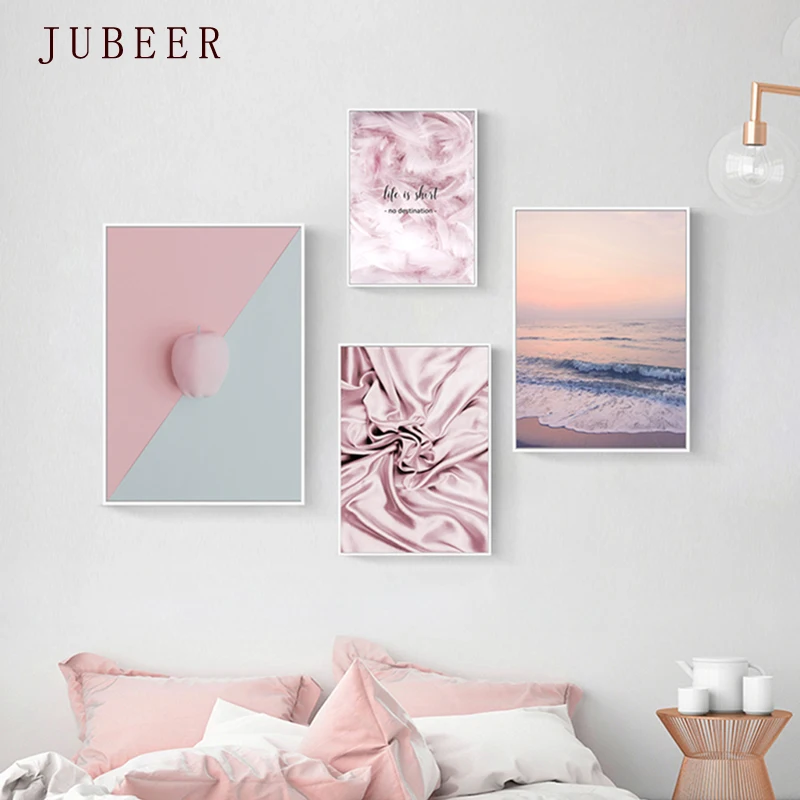 

Nordic Ins Pink Feather Canvas Art Landscape Bedroom Bedside Poster and Print Living Room Beach Decoration Painting