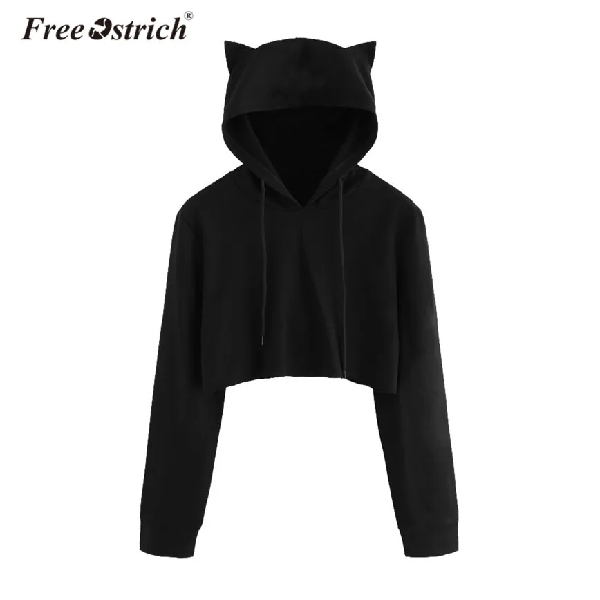 

Free Ostrich Short Black Sweatshirt Women Long Sleeve Casual Cat Ear Hooded Pullovers Crop Tops Drawstring Hoodies Female D50