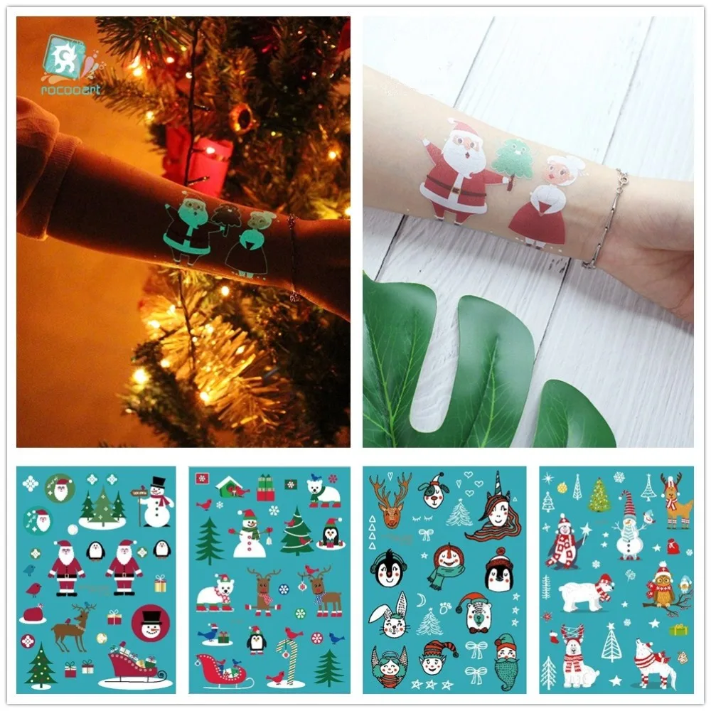 

Rocooart Christmas Gift For Kids Luminous Tattoo Glowing in Dark Temporary Tatoo Sticker Snow Man Fake Tattoo Santa Flash Taty