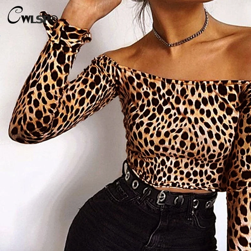 CWLSP Butterfly sleeve t shirt Leopard Crop top Sexy t-shirt 2018 Fashion Spring Women Slash neck short tops Short tees QL3569 CWLSP Butterfly sleeve t shirt Leopard Crop top Sexy t-shirt 2018 Fashion Spring Women Slash neck short tops Short tees QL3569