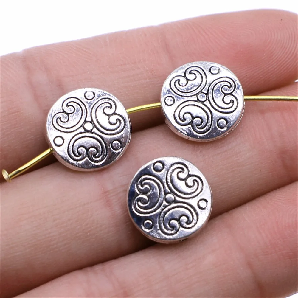 

WYSIWYG Jewelry Findings Handmade DIY Craft Round Pattern Small Hole Flat Beads Antique Silver Plated Charms 8pcs 13mm