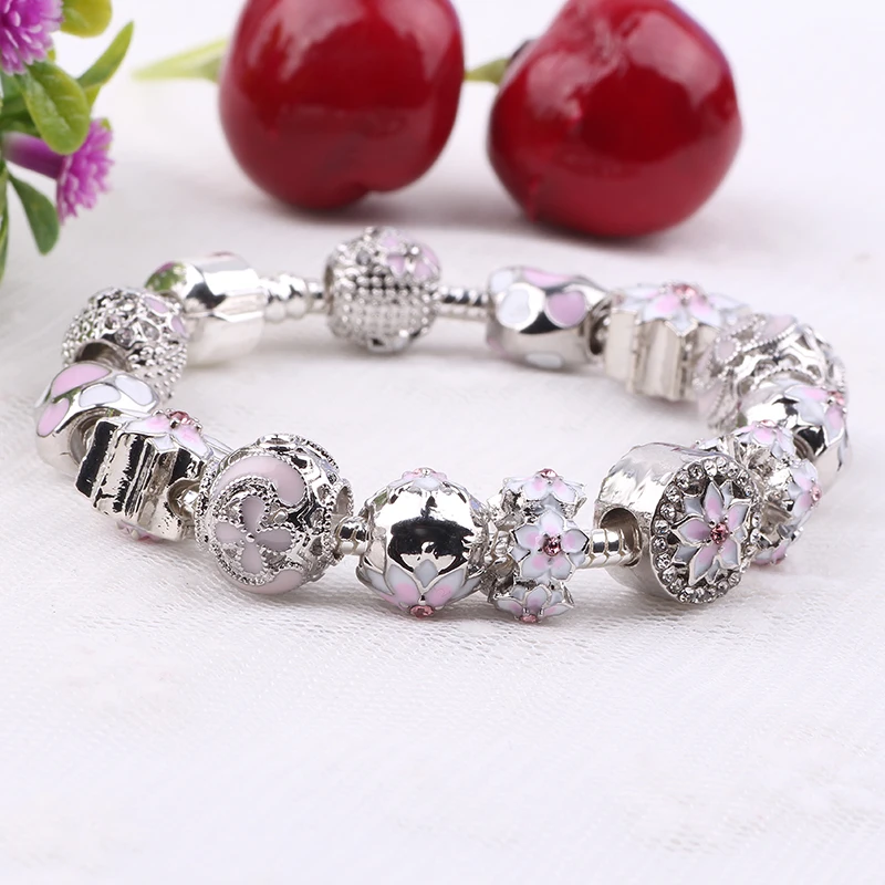 Куки циркониевые браслеты с подвеской розовый цветок бусина замок талисманы романтический подарок подходит для женщин браслеты для оригинальных браслетов