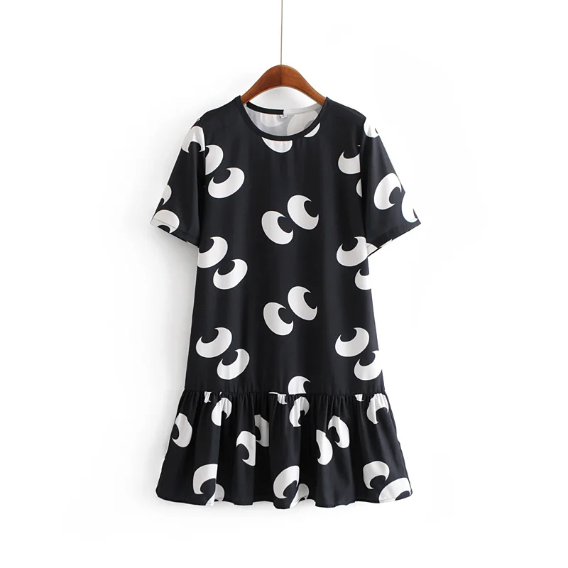 

women englan style cute big eyes print casual loose mini dress ladies o neck short sleeve hem pleated ruffles vestidos DS1753