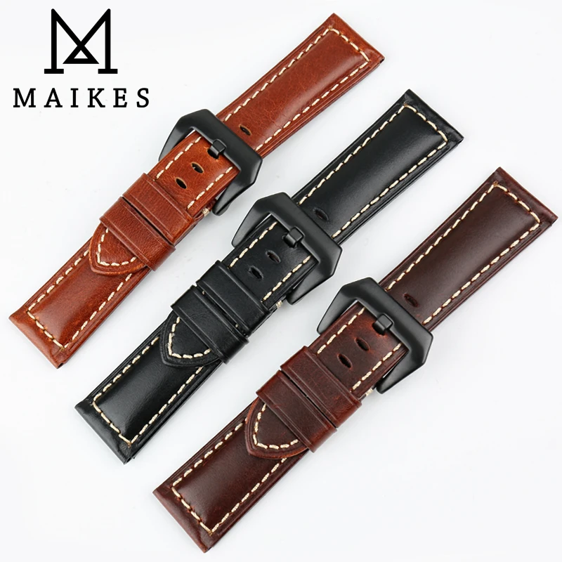MAIKES Handmade Quality Cow Leather Watch Strap 22mm 24mm 26mm Watchbands Watch Bracelet Balck Watch Accessories For Panerai