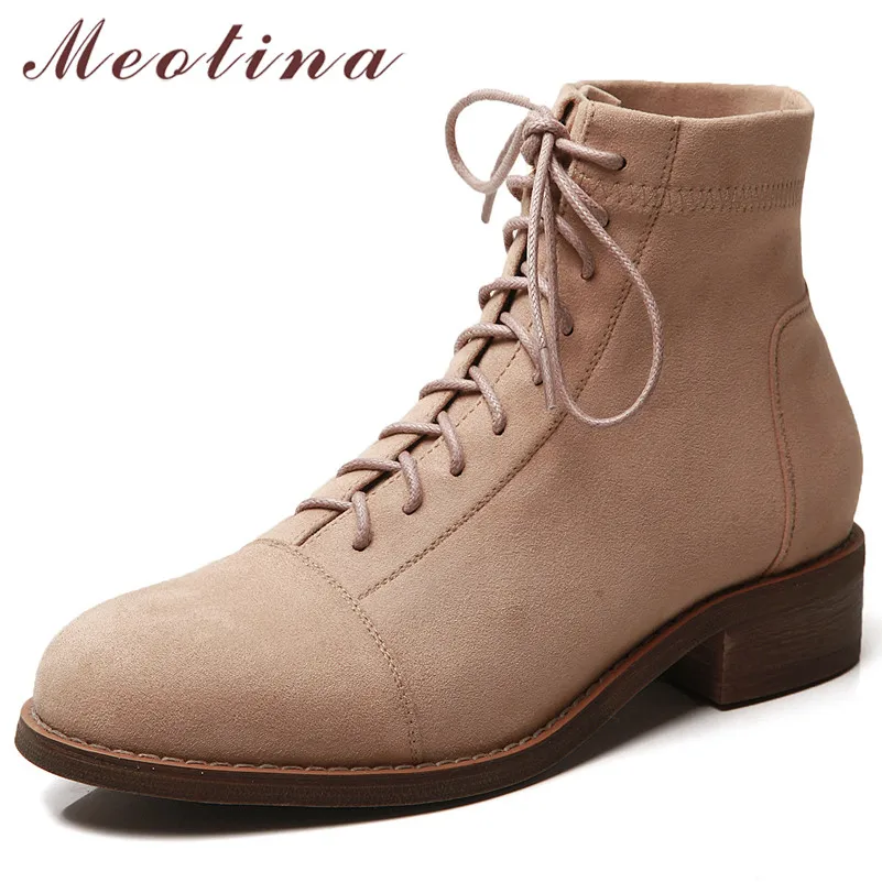 

Meotina Women Boots Autumn Ankle Boots Real Leather Square Heel Short Boots Lace Up Round Toe Shoes Ladies Spring New Size 34-40
