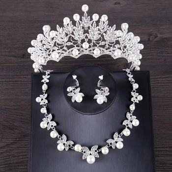 

Fashion Silver Tiara Crowns Necklace Earrings Sets Crystal Simulated Pearl Bridal Jewelry Sets For Women Wedding Accessories