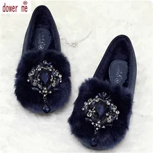 Neue Ankunft Frauen Winter Warme Schuhe Slip Auf Samt Wohnungen Strass Wildleder Echtleder Kurze Plüschfell Plus Größe: 35-40