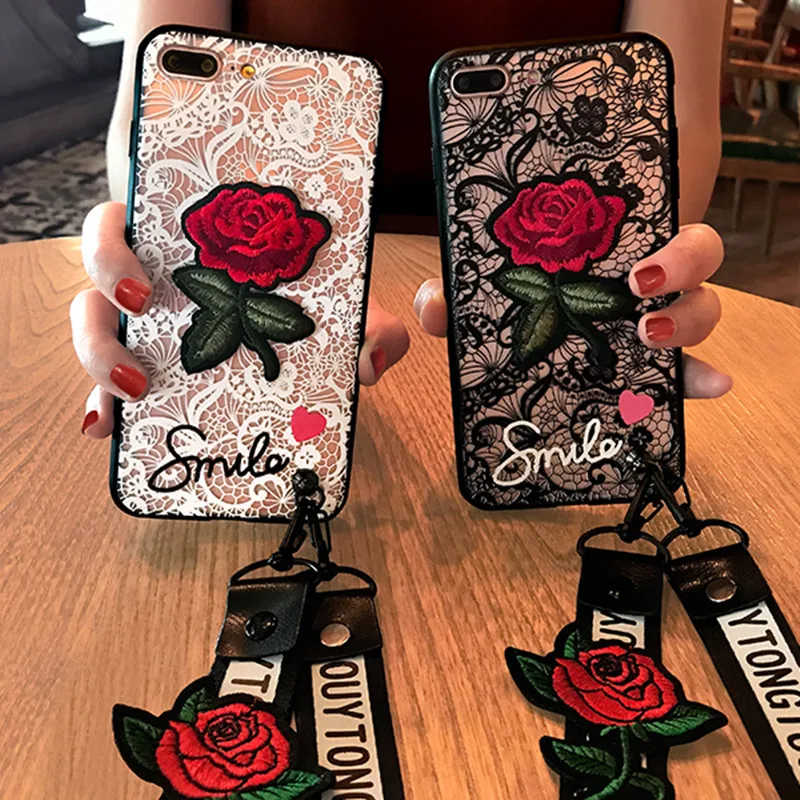

Fashion Sexy 3D Rose Flower Phone Case For Apple iPhone 7 6 S 6S 8 Plus X Woman Lace Back Cover For iPhone7 5 5S SE With Lanyard