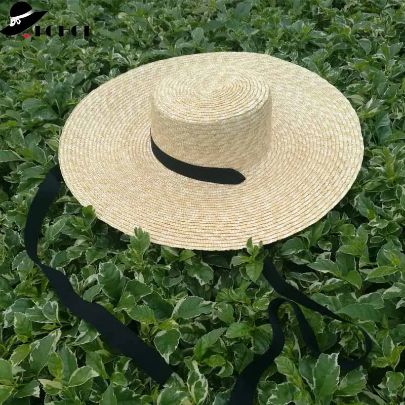 Широкие поля, из соломы шляпа женская летняя пляжная шляпа с черной лентой галстук Женская Новая мода блюдце шляпа от солнца Кентукки шляпа котелок