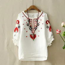Ethnic Vintage White Floral Embroidered Blouses For Women Loose Half Lantern Sleeve Shirt Women Cotton Linen Top Casual Blusas