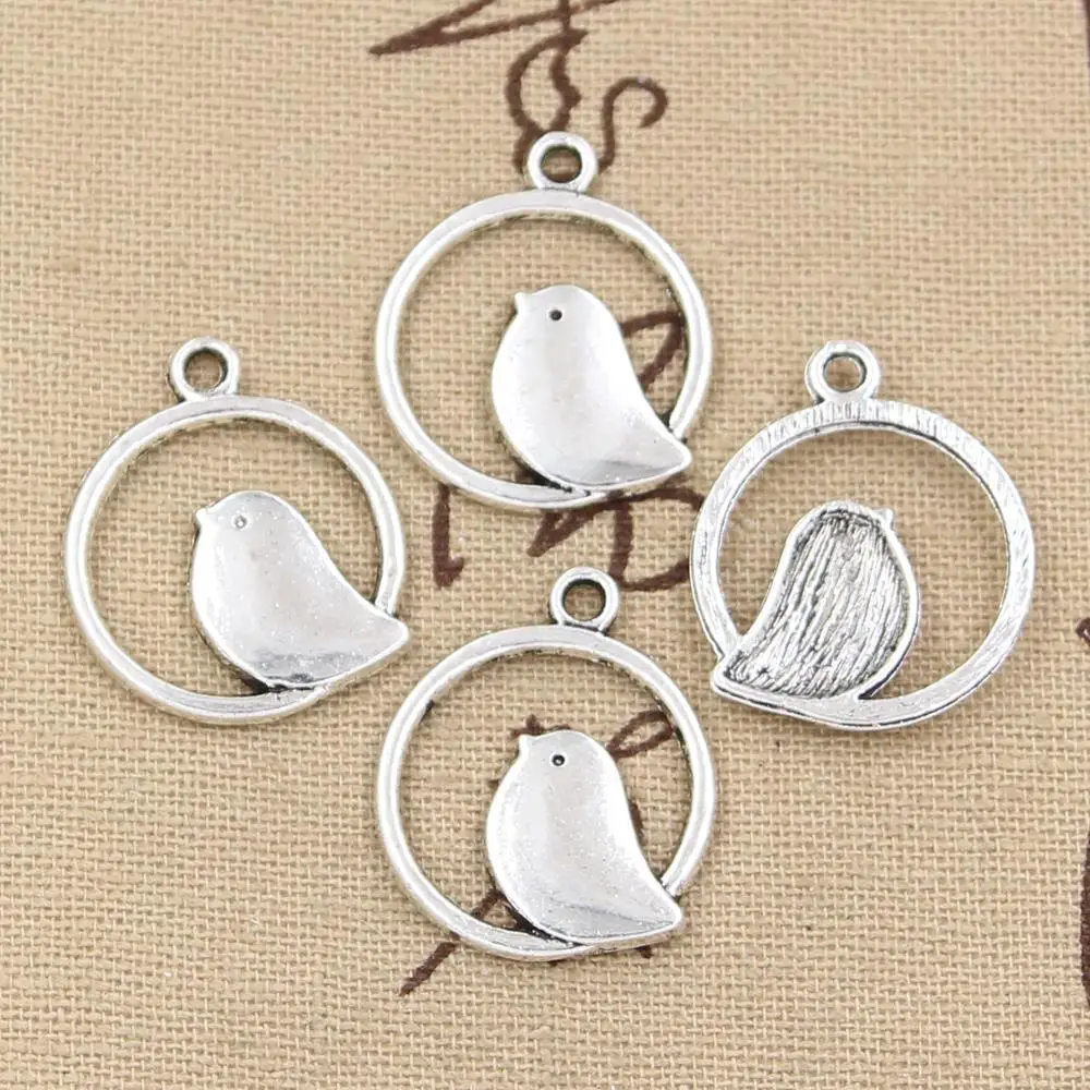 15pcs Charms Circle Little Bird 24x20mm Antique Bronze Silver Color