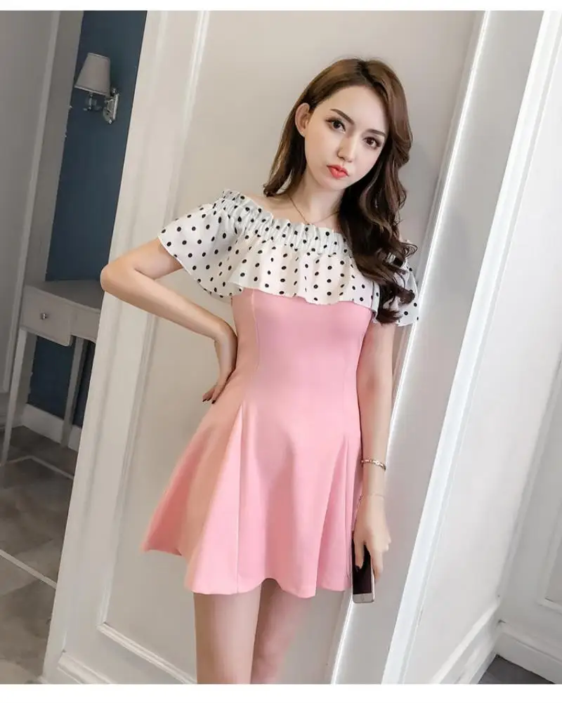 2018 New Arrivals  Summer  sexy dot dot shoulder stitching slim A short sleeved dress Free Shipping