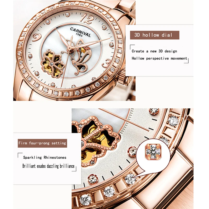 Carnival Mechanical Watch Women Ceramic Clock Butterfly Design Women's Watches Top Brand Luxury Women Sapphire Crystal Female